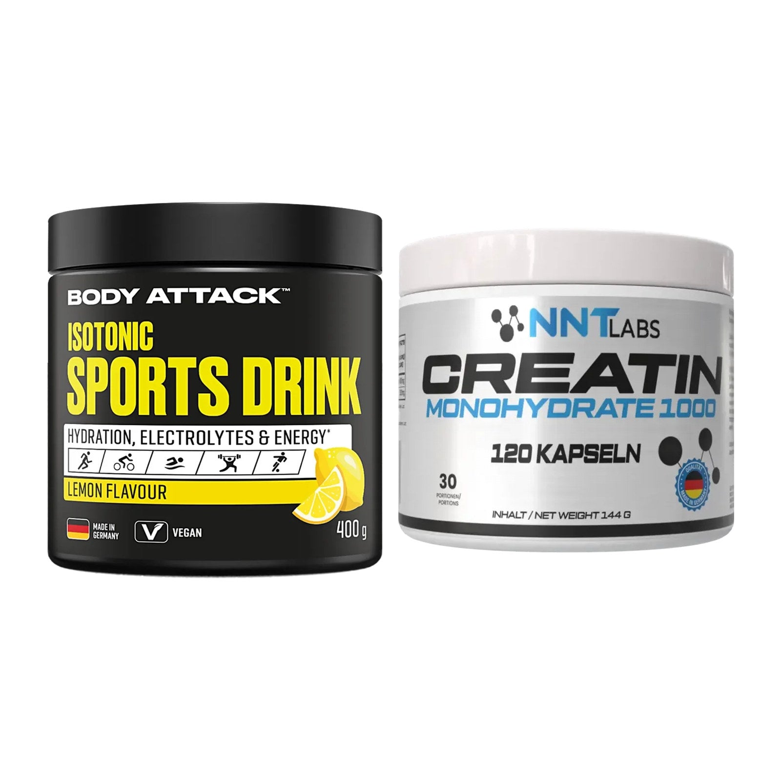 Masseaufbau-Set: Body Attack Isotonic + NNT Creatin 1000 mg – alle enthaltenen Artikel