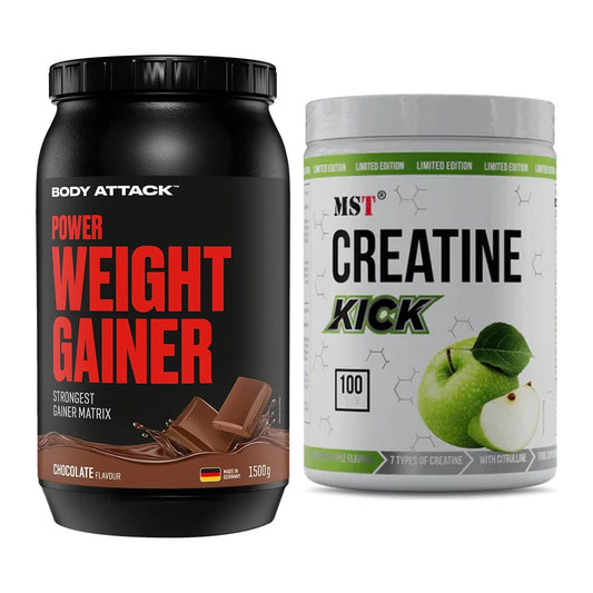 Masseaufbau-Set: Body Attack Power Weight Gainer + MST Creatine Kick – alle enthaltenen Artikel