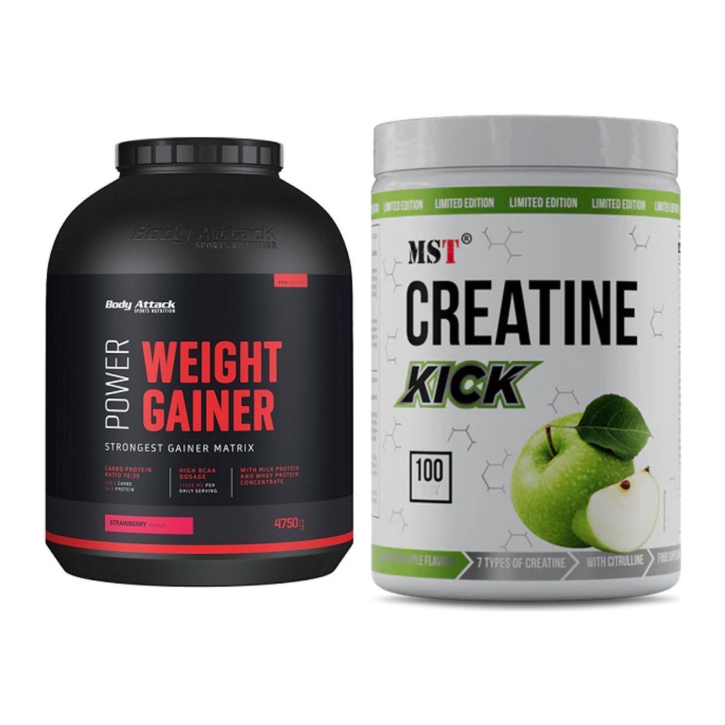 Masseaufbau-Set: Body Attack Power Weight Gainer + MST Creatine Kick – alle enthaltenen Artikel