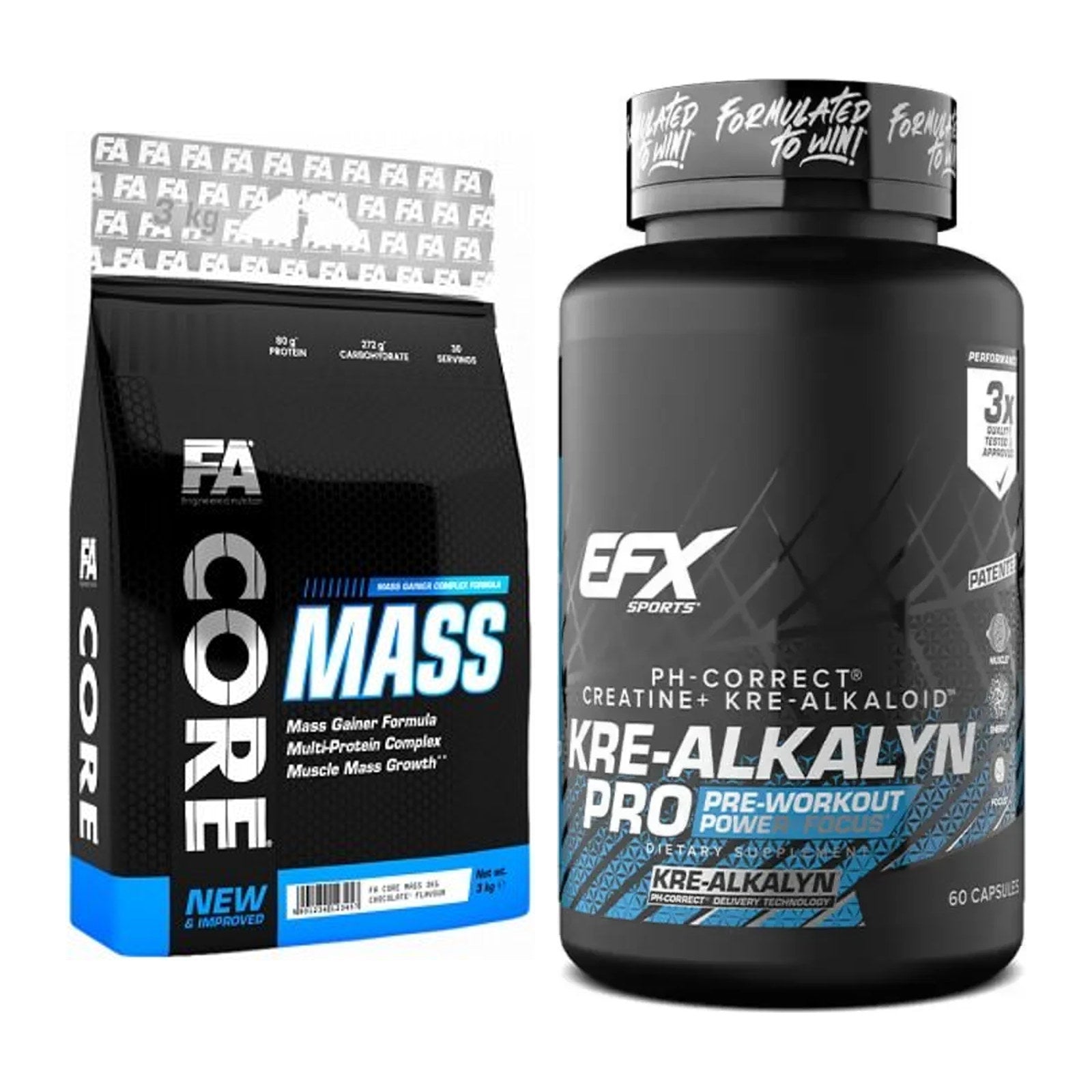Masseaufbau-Set: FA Nutrition Core Mass 3000g + EFX Kre-Alkalyn PRO – alle enthaltenen Artikel