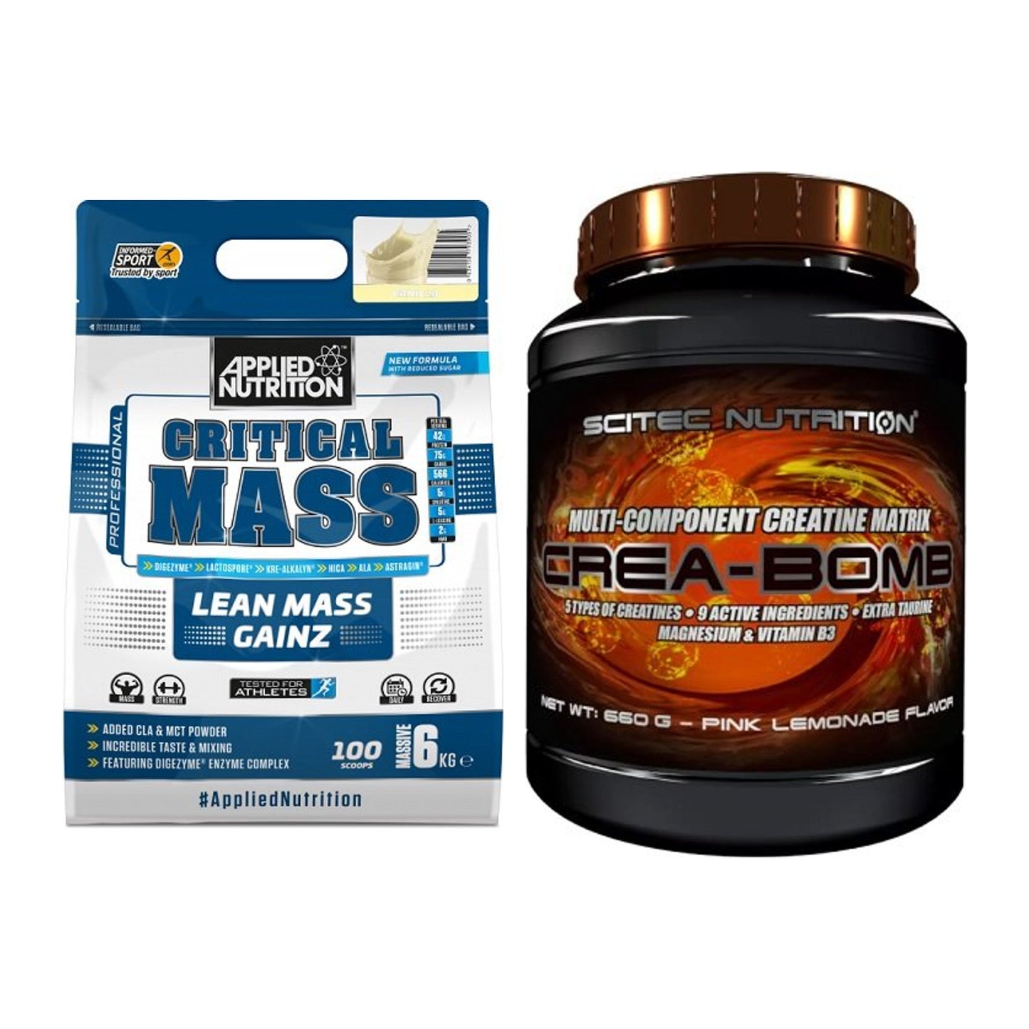 Masseaufbau-Set: Applied Nutrition Critical Mass + Scitec Crea-Bomb – alle enthaltenen Artikel