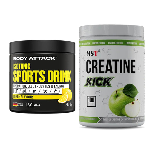 Masseaufbau-Set: Body Attack Isotonic Sports Drink + MST Creatine Kick – alle enthaltenen Artikel