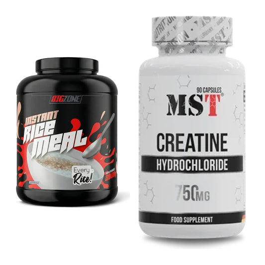 Massebyggesett: Big Zone Rice Meal 3000g boks + MST Creatine HCL - alle varer inkludert