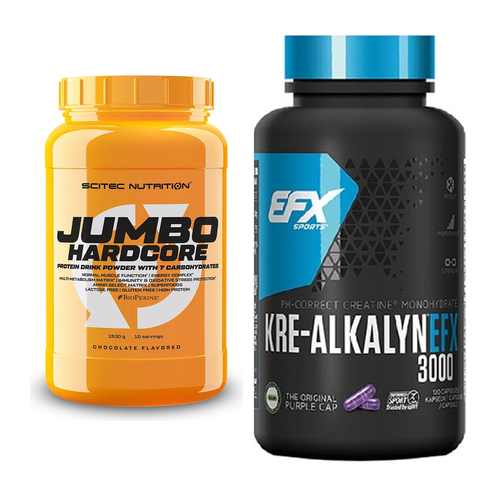 Masseaufbau-Set: Scitec Jumbo Hardcore1530g + EFX Kre-Alkalyn 3000 – alle enthaltenen Artikel