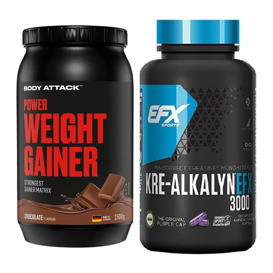 Masseaufbau-Set: Body Attack Power Weight + EFX Kre-Alkalyn 3000 – alle enthaltenen Artikel