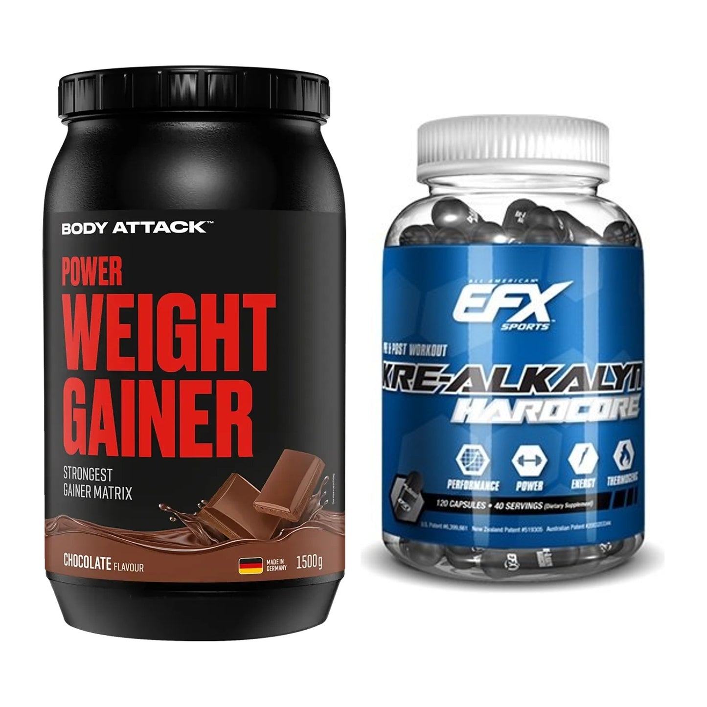 Masseaufbau-Set: Body Attack Power Weight + EFX Kre-Alkalyn Hardcore – alle enthaltenen Artikel