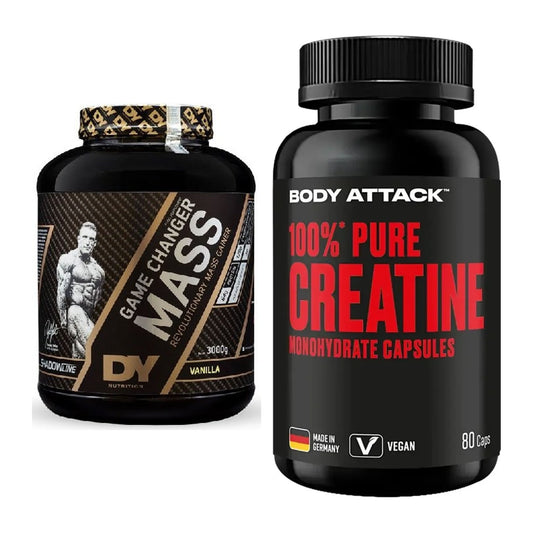 Zestaw do budowania masy: DY Nutrition Game Changer + Body Attack 100% Pure – wszystkie elementy w zestawie