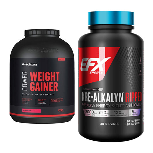 Masseaufbau-Set: Body Attack Power Weight + EFX Kre-Alkalyn Ripped – alle enthaltenen Artikel