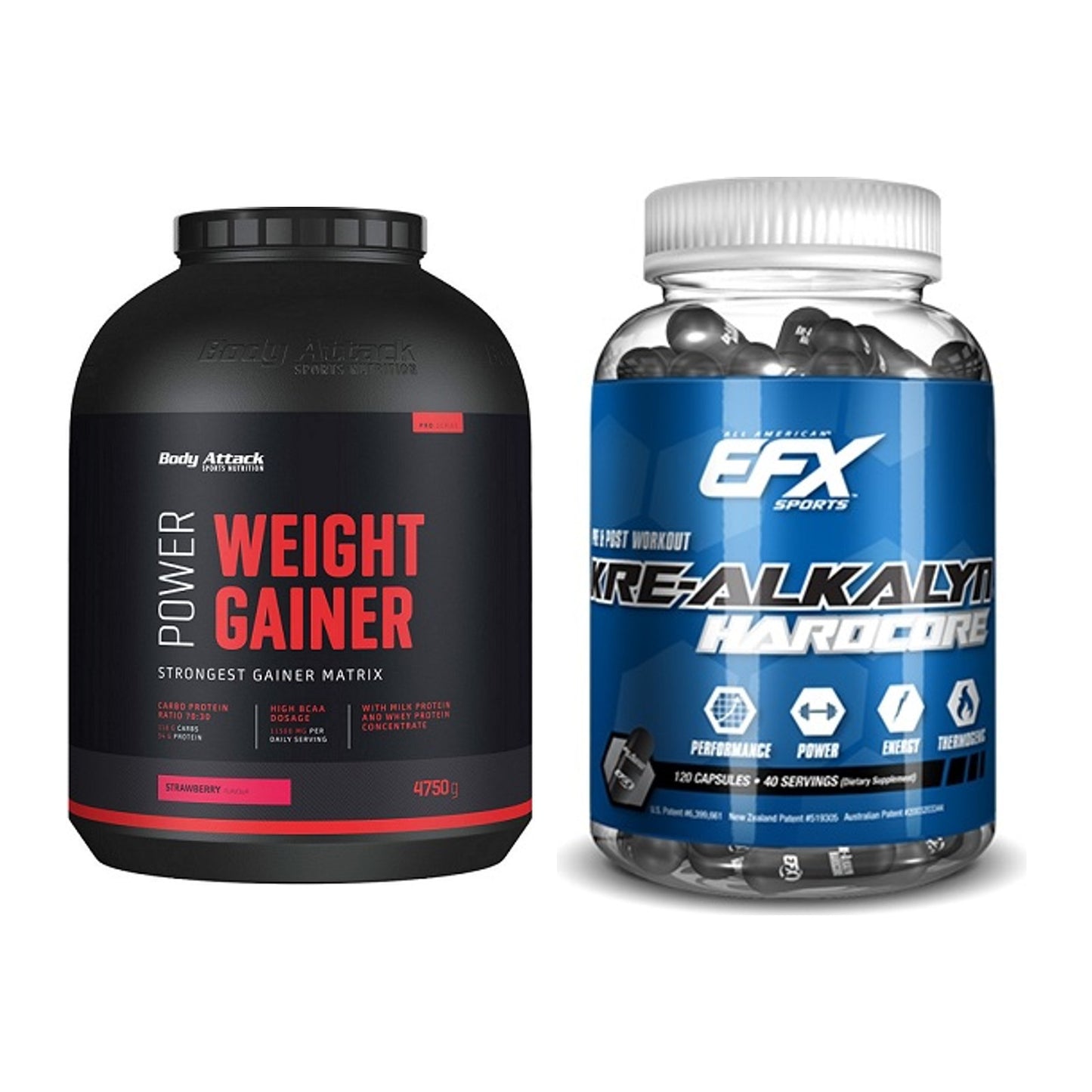 Masseaufbau-Set: Body Attack Power Weight + EFX Kre-Alkalyn Hardcore – alle enthaltenen Artikel