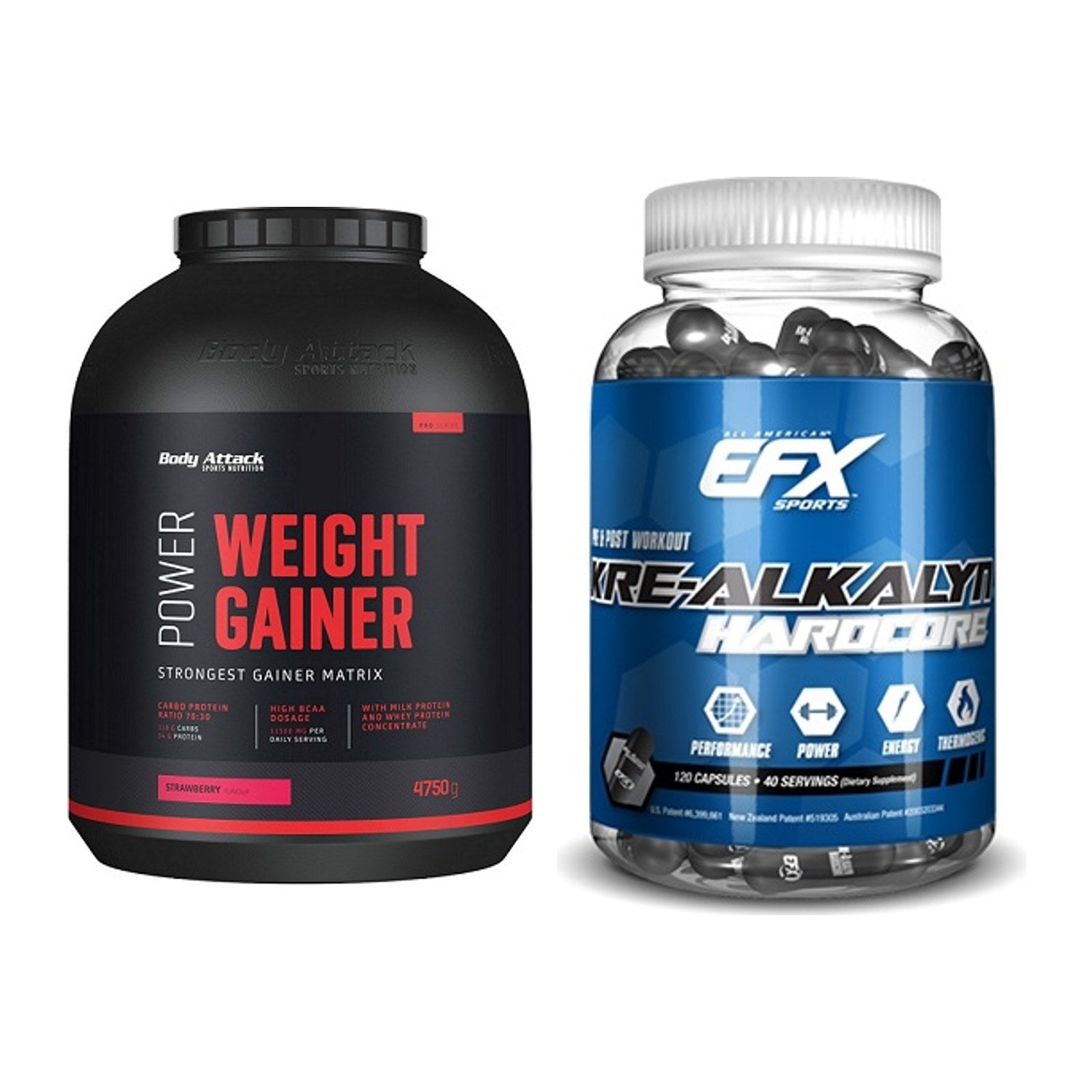 Masseaufbau-Set: Body Attack Power Weight + EFX Kre-Alkalyn Hardcore – alle enthaltenen Artikel