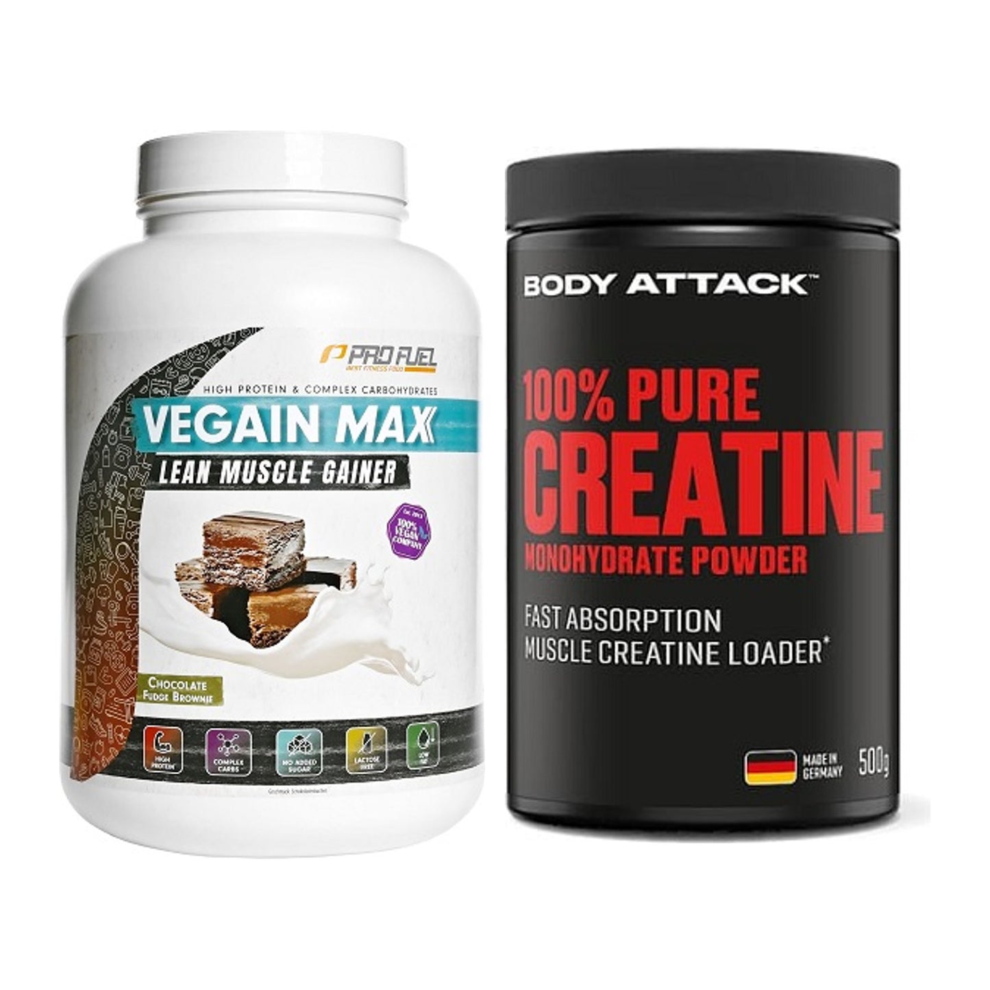 Masseaufbau-Set: ProFuel VEGAIN MAX Gainer + Body Attack 100% Pure – alle enthaltenen Artikel