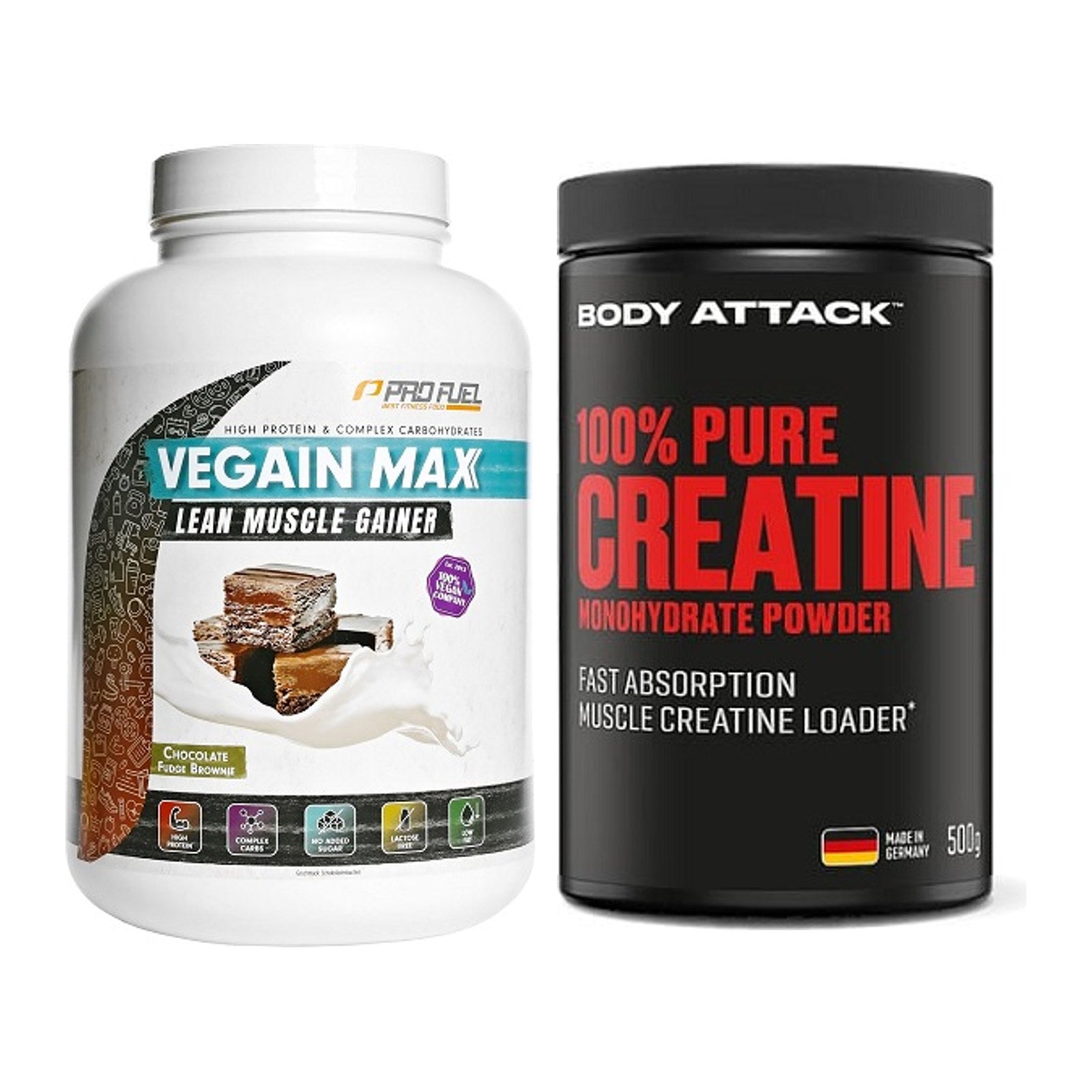 Masseaufbau-Set: ProFuel VEGAIN MAX Gainer + Body Attack 100% Pure – alle enthaltenen Artikel