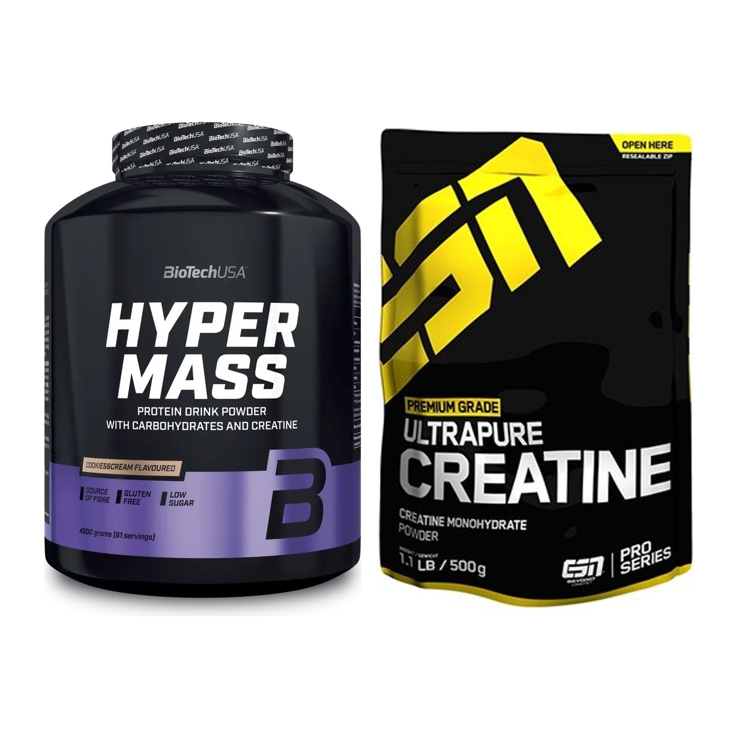 Masseaufbau-Set: BioTech Hyper Mass 4000g + ESN Ultrapure Creatine – alle enthaltenen Artikel