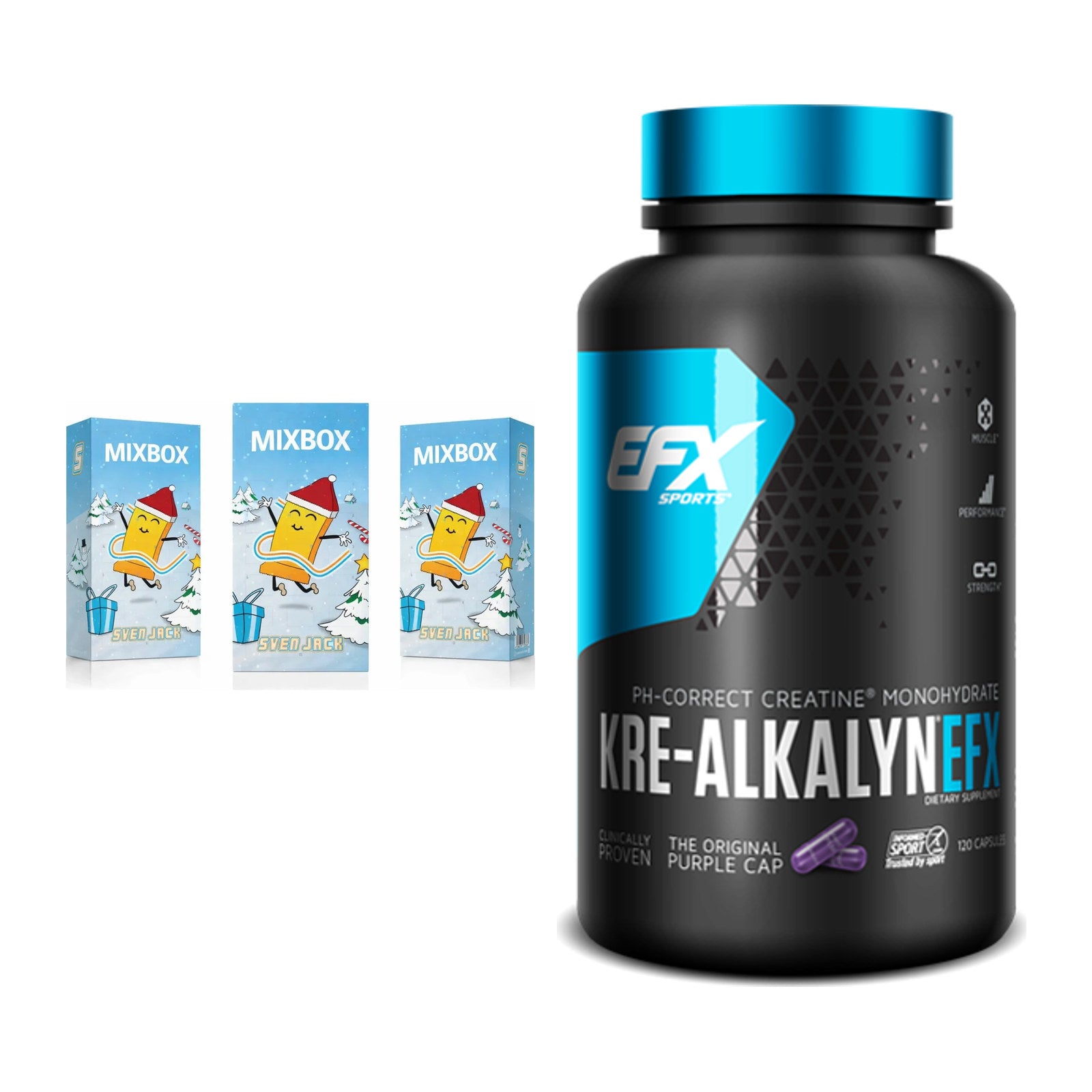 Masseaufbau-Set: Sven Jack MIXBOX 49x65g Fitness + EFX Kre-Alkalyn – alle enthaltenen Artikel