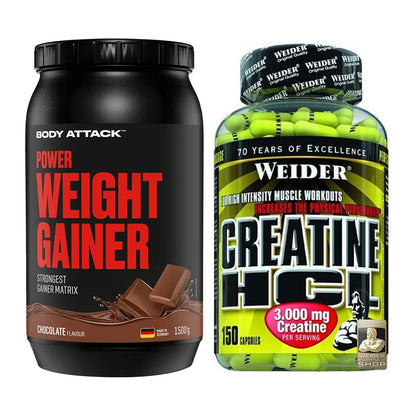 Masseaufbau-Set: Body Attack Power Weight Gainer + Weider Creatin HCL – alle enthaltenen Artikel