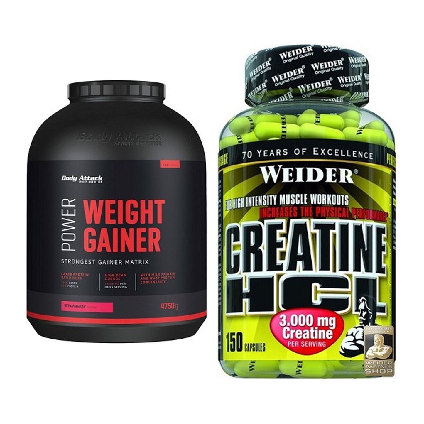 Masseaufbau-Set: Body Attack Power Weight Gainer + Weider Creatin HCL – alle enthaltenen Artikel