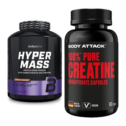 Masseaufbau-Set: BioTech Hyper Mass + Body Attack 100% Pure Creatine – alle enthaltenen Artikel