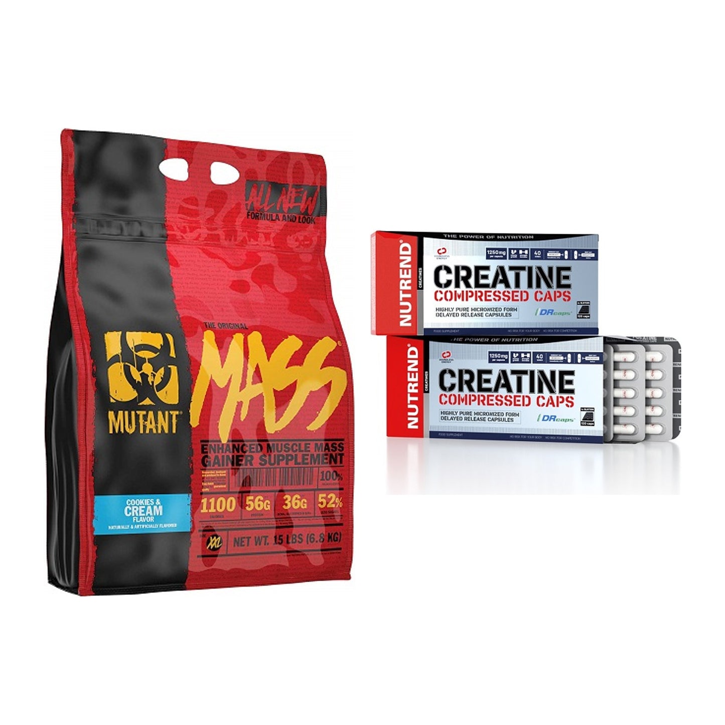 Masseaufbau-Set: Mutant Mass + Nutrend Creatine Compressed Caps – alle enthaltenen Artikel