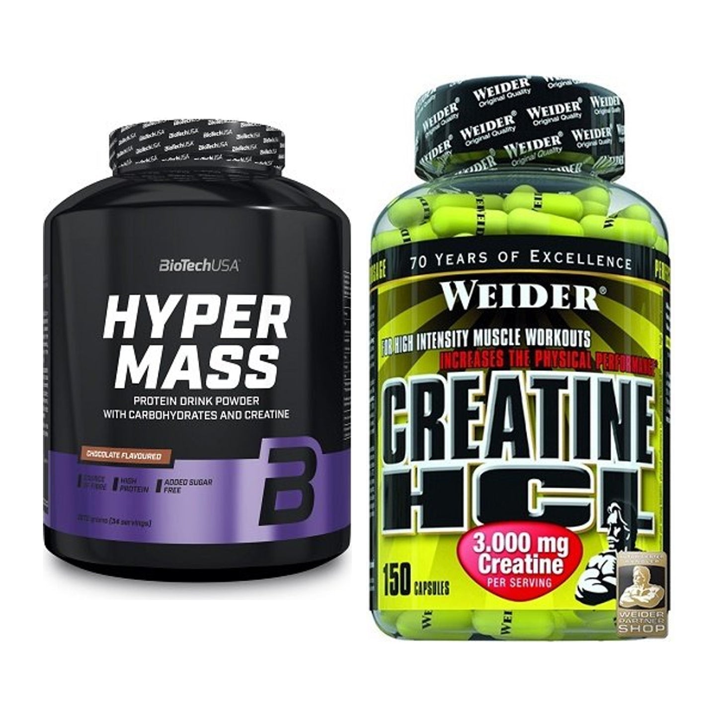 Masseaufbau-Set: BioTech Hyper Mass 2270g + Weider Creatin HCL – alle enthaltenen Artikel