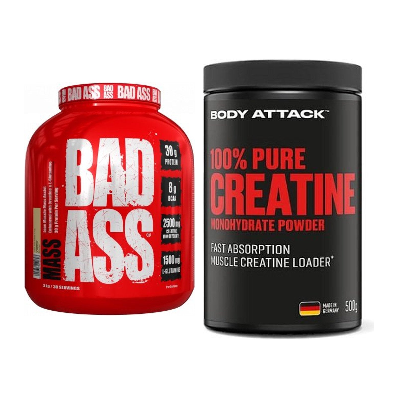 Masseaufbau-Set: BAD ASS MASS + Body Attack 100% Pure Creatine – alle enthaltenen Artikel