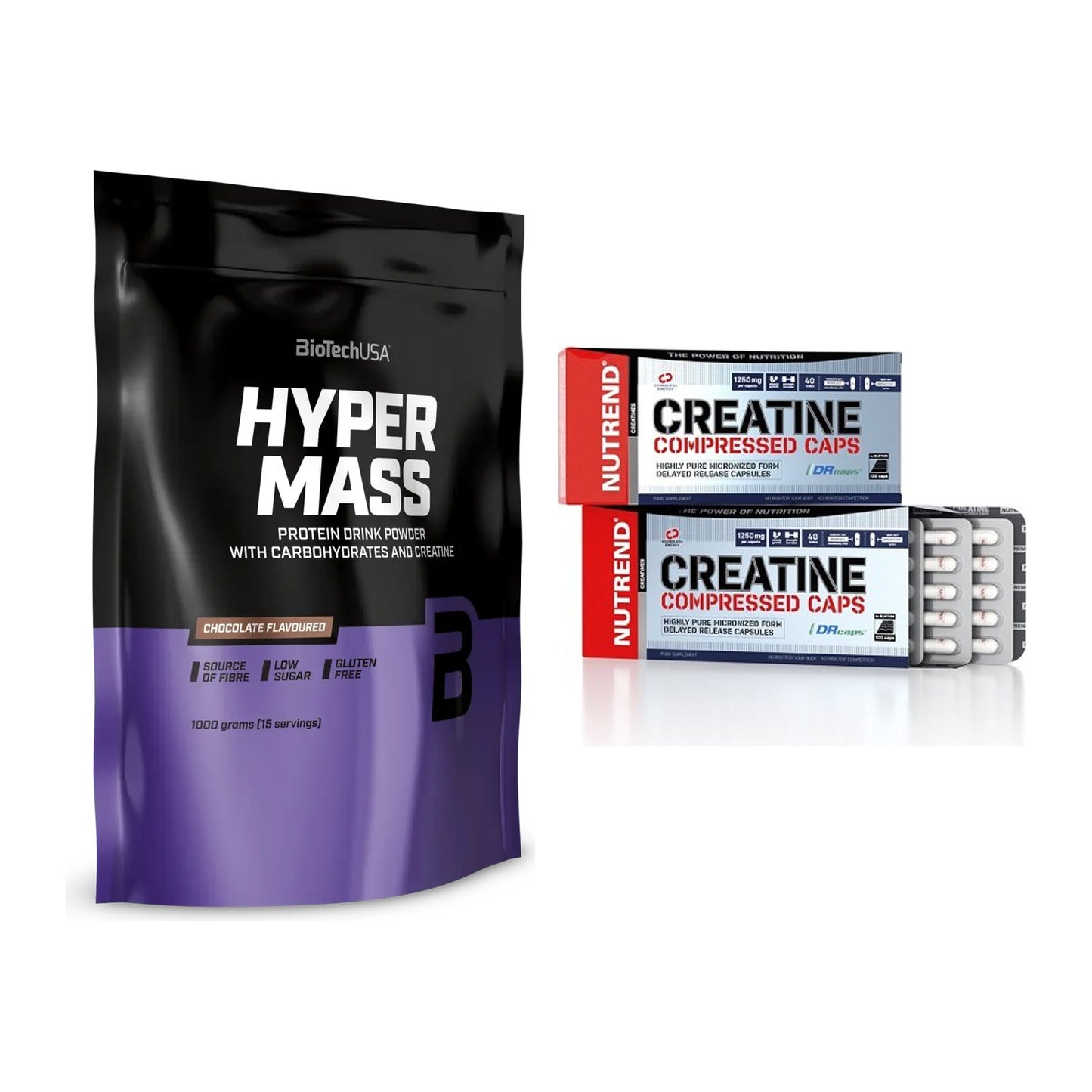 Masseaufbau-Set: BioTech Hyper Mass + Nutrend Creatine Compressed Caps – alle enthaltenen Artikel