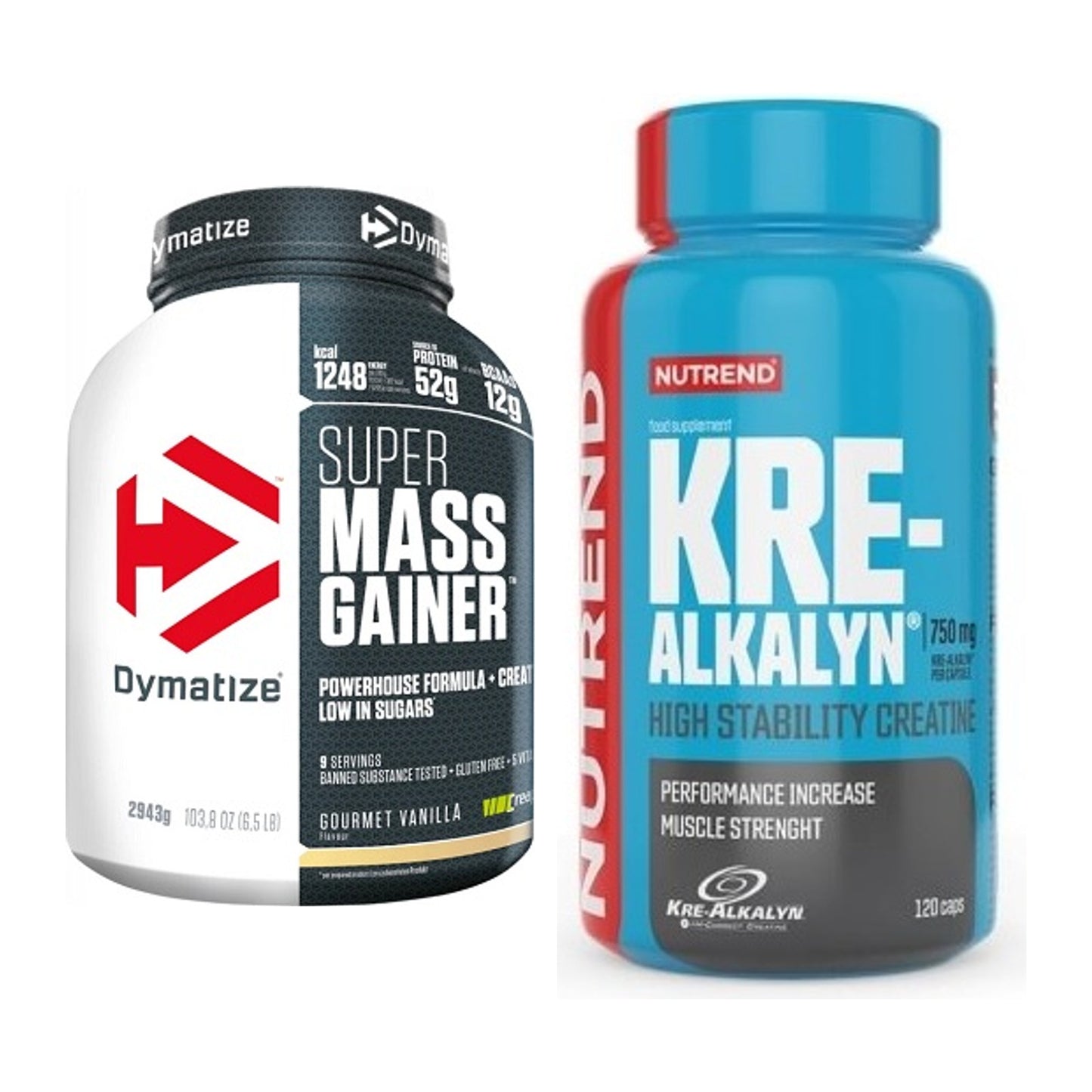 Masseaufbau-Set: Dymatize Super Mass Gainer + Nutrend Kre-Alkalyn – alle enthaltenen Artikel