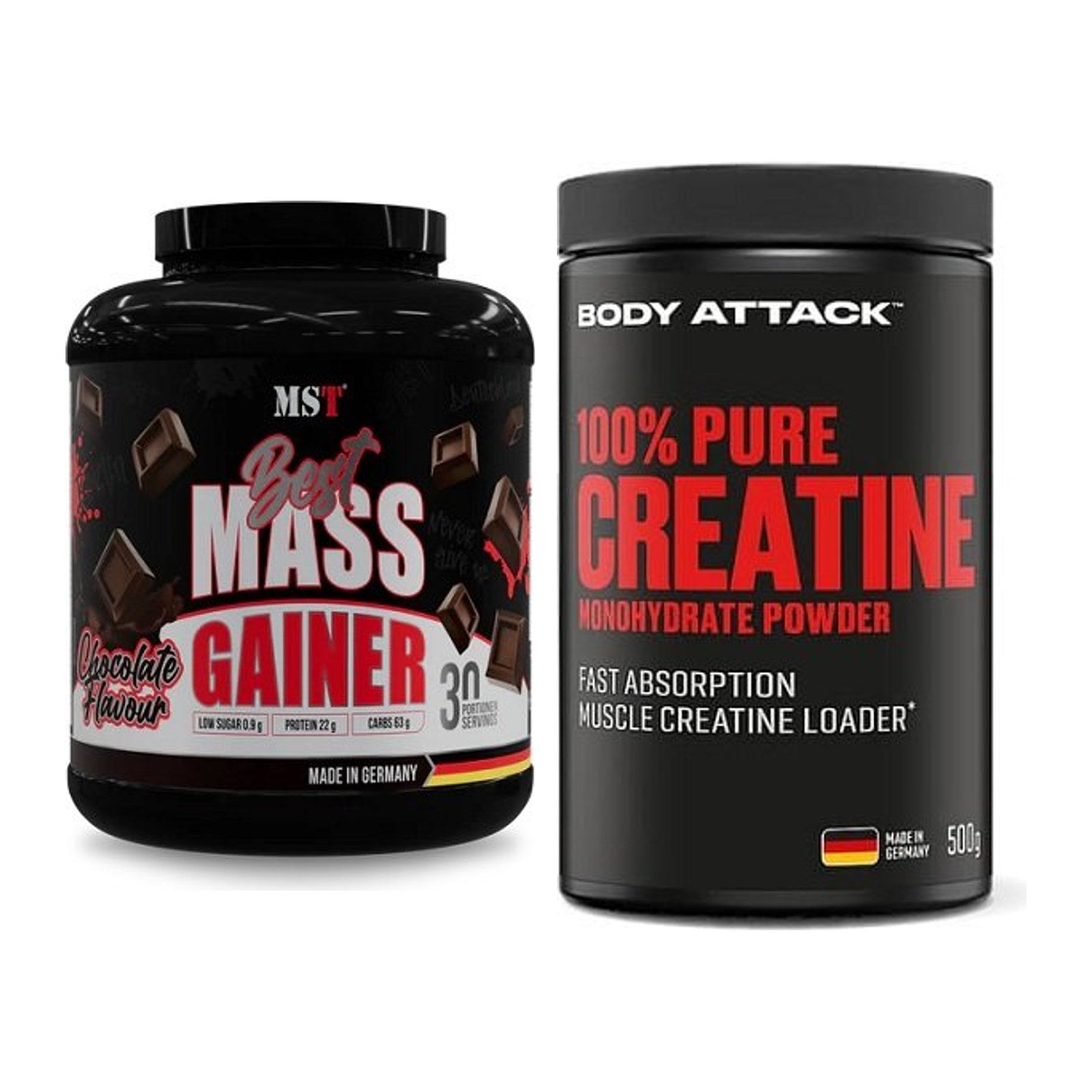 Masseaufbau-Set: MST Best Mass Gainer + Body Attack 100% Pure Creatine – alle enthaltenen Artikel