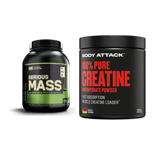 Masseaufbau-Set: Optimum Nutrition Serious + Body Attack 100% Pure – alle enthaltenen Artikel