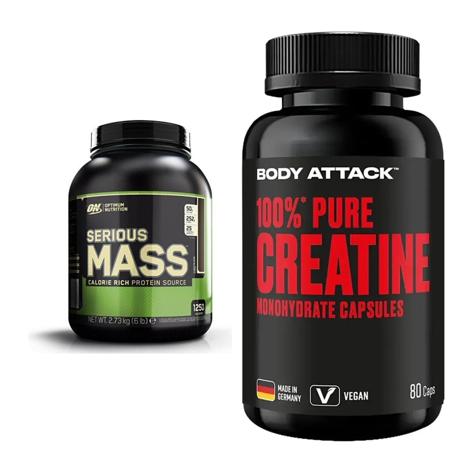 Masseaufbau-Set: Optimum Nutrition Serious + Body Attack 100% Pure – alle enthaltenen Artikel