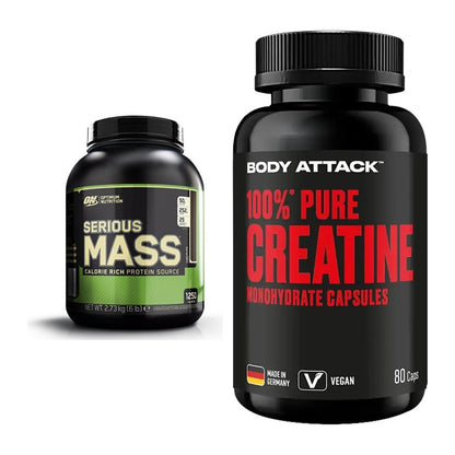 Masseaufbau-Set: Optimum Nutrition Serious + Body Attack 100% Pure – alle enthaltenen Artikel