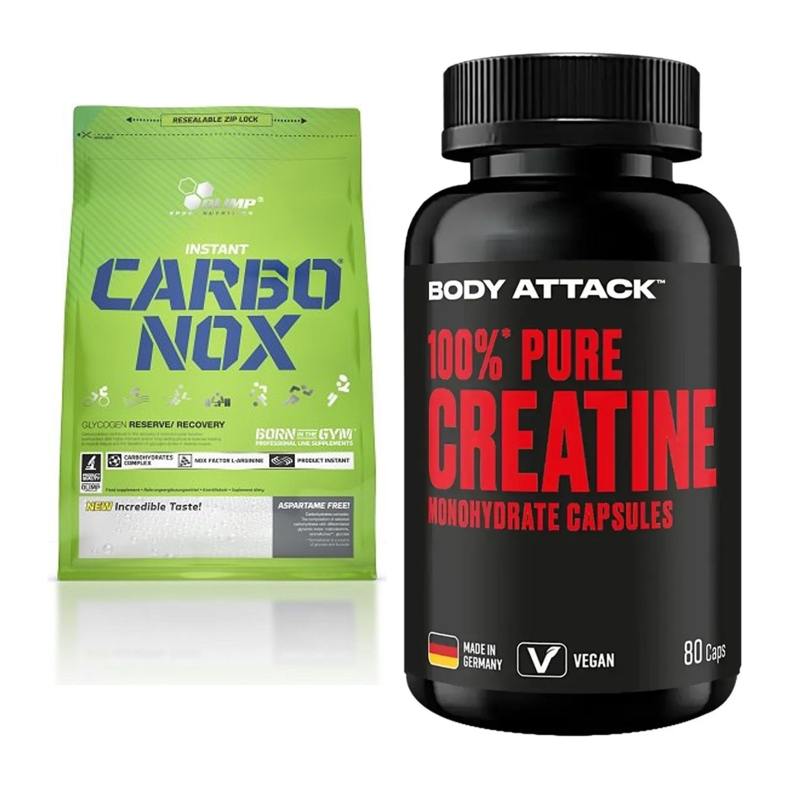 Masseaufbau-Set: Olimp Carbo Nox 1kg + Body Attack 100% Pure – alle enthaltenen Artikel