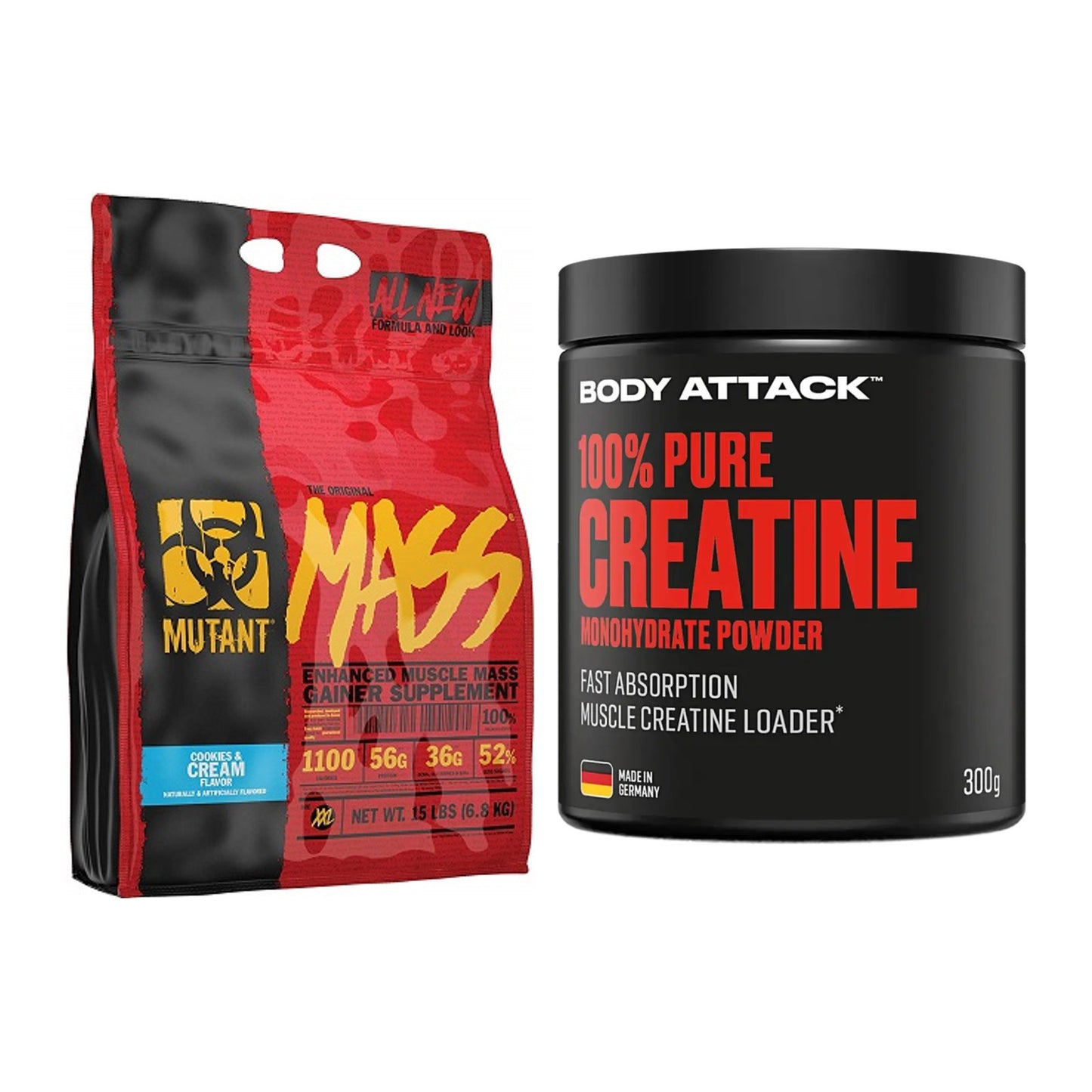 Masseaufbau-Set: Mutant Mass + Body Attack 100% Pure Creatine – alle enthaltenen Artikel