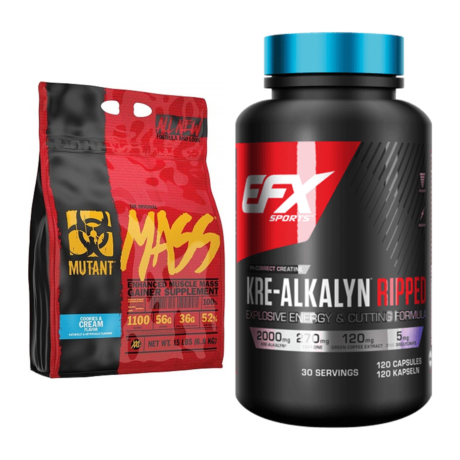 Masseaufbau-Set: Mutant Mass + EFX Kre-Alkalyn Ripped Kapsel – alle enthaltenen Artikel