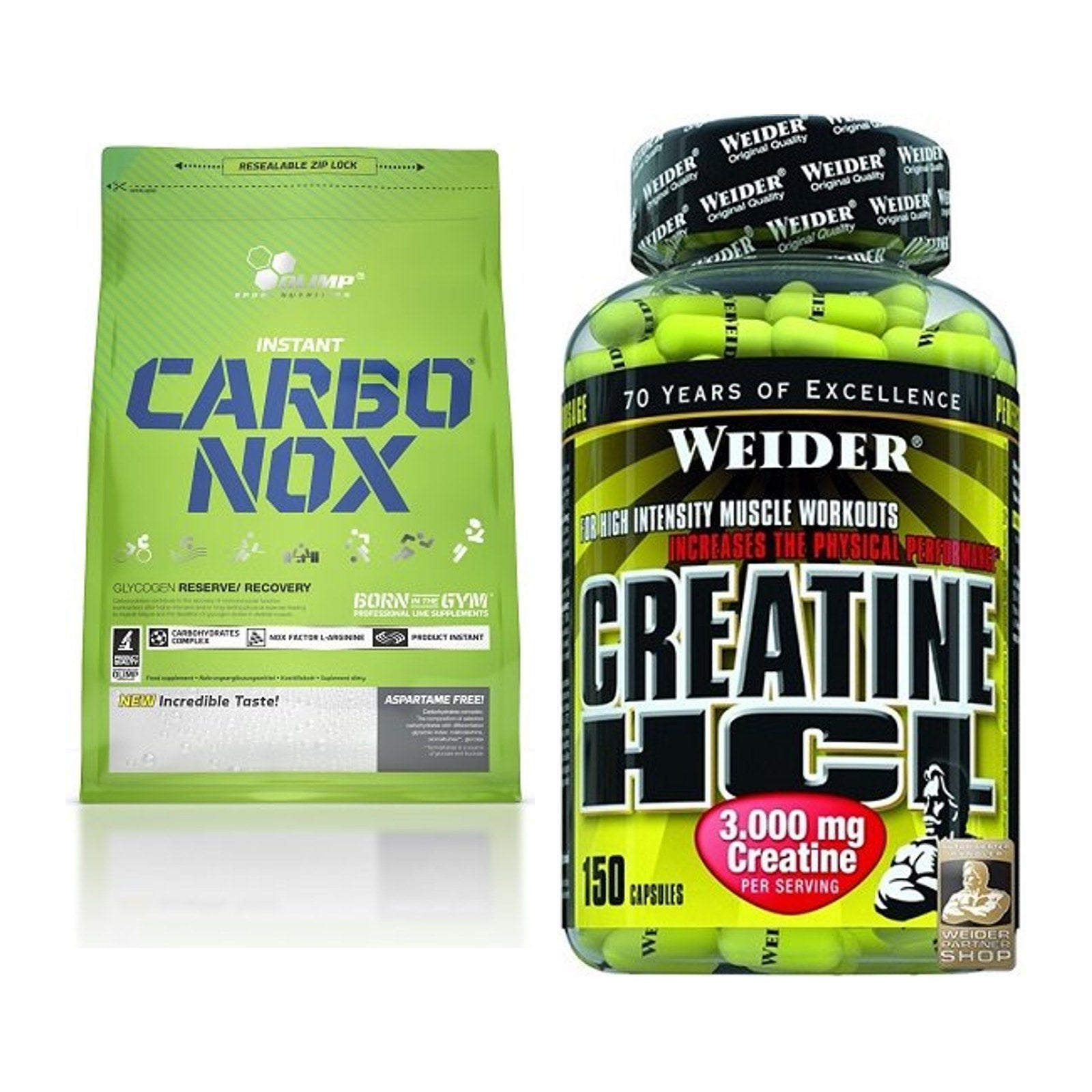 Masseaufbau-Set: Olimp Carbo Nox 1kg Pulver + Weider Creatin HCL – alle enthaltenen Artikel