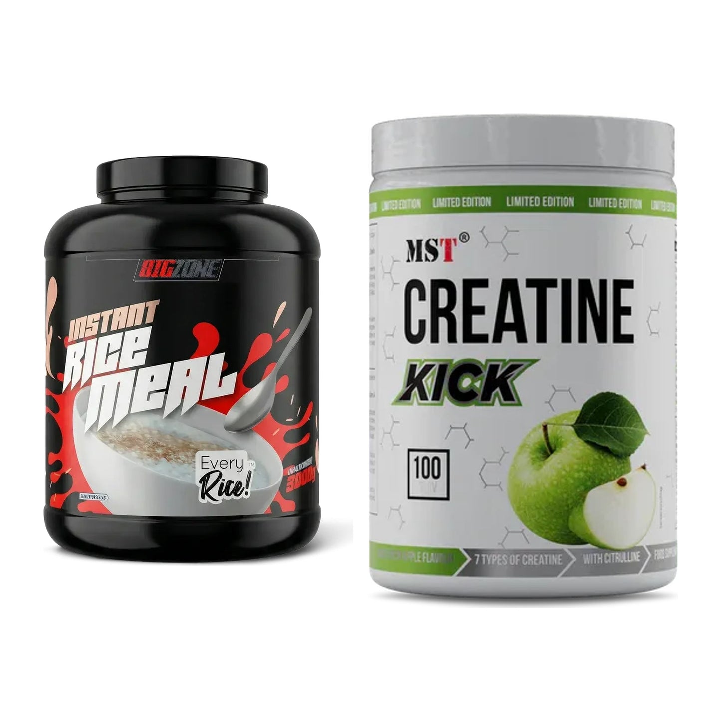 Masseaufbau-Set: Big Zone Rice Meal 3000g + MST Creatine Kick 1000g – alle enthaltenen Artikel