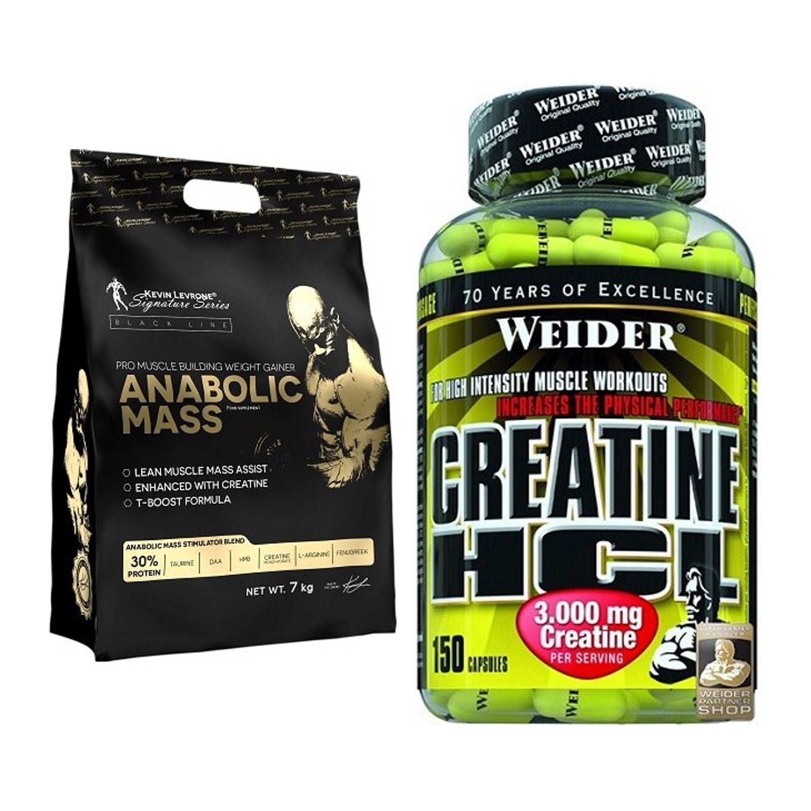 Masseaufbau-Set: Kevin Levrone Anabolic Mass + Weider Creatin HCL – alle enthaltenen Artikel