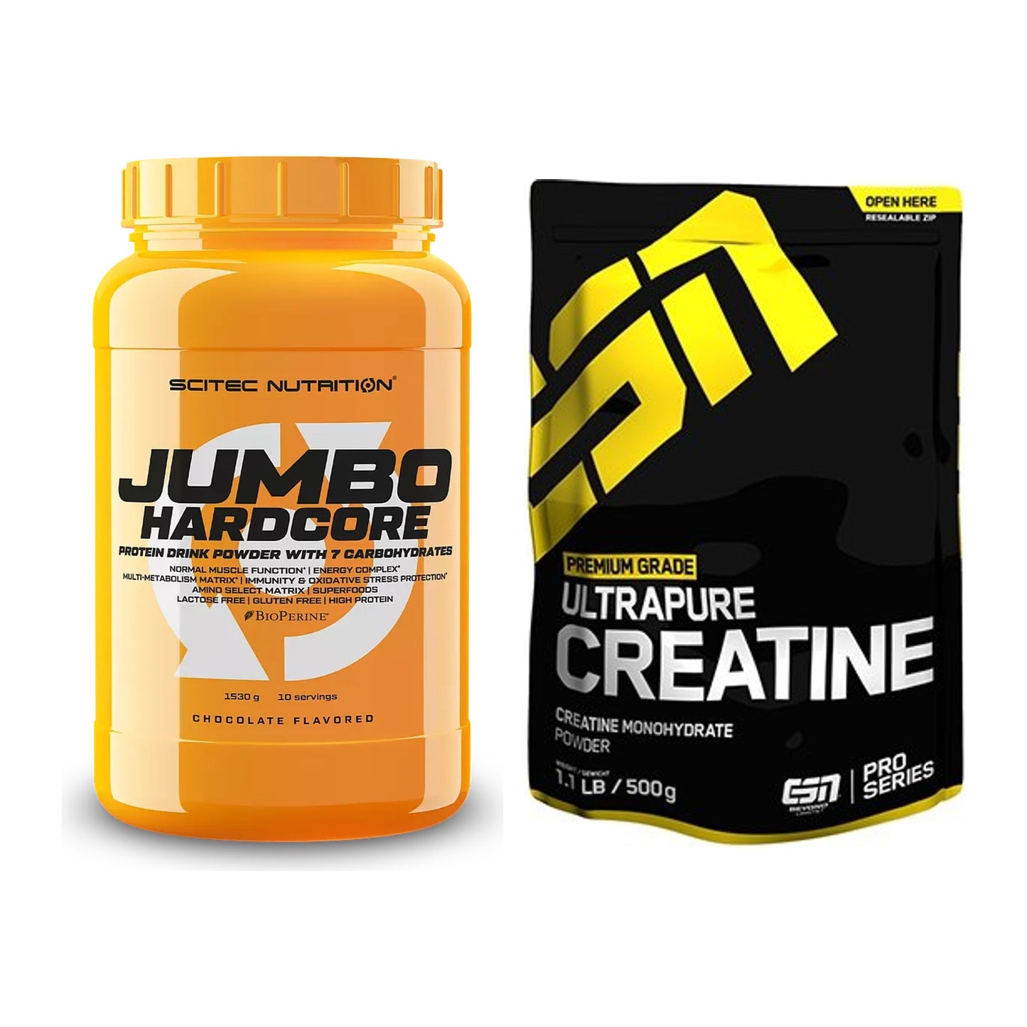 Masseaufbau-Set: Scitec Jumbo Hardcore1530 + ESN Ultrapure Creatine – alle enthaltenen Artikel