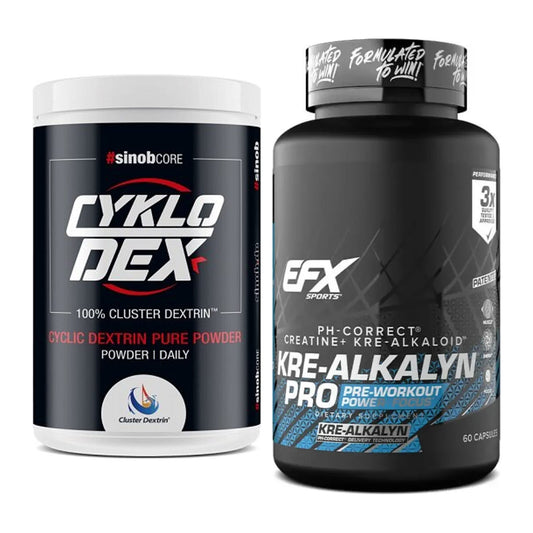 Zestaw do budowania masy: Sinob Core CykloDex 1kg + EFX Kre-Alkalyn PRO - wszystkie elementy w zestawie
