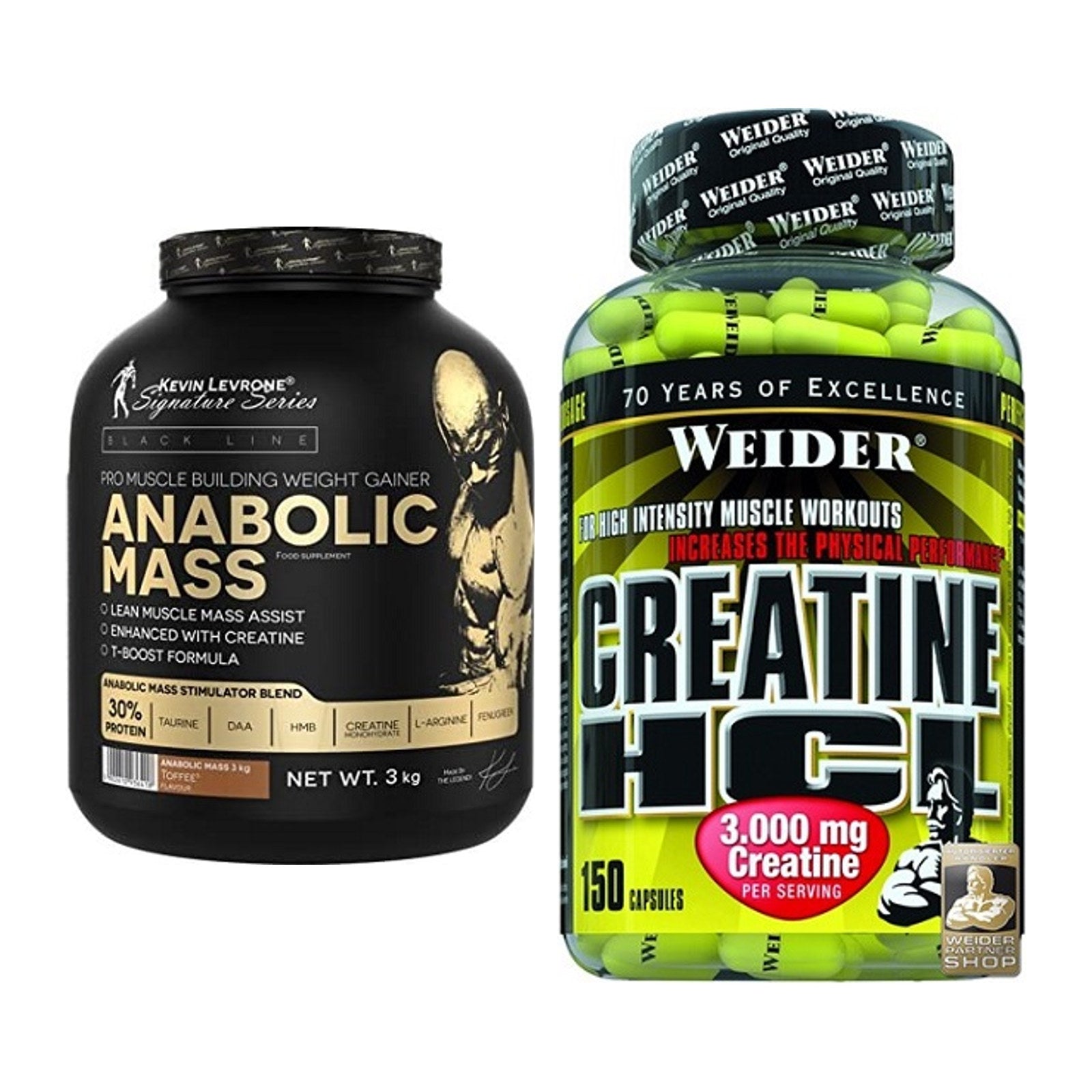Masseaufbau-Set: Kevin Levrone Anabolic Mass 3kg + Weider Creatin HCL – alle enthaltenen Artikel