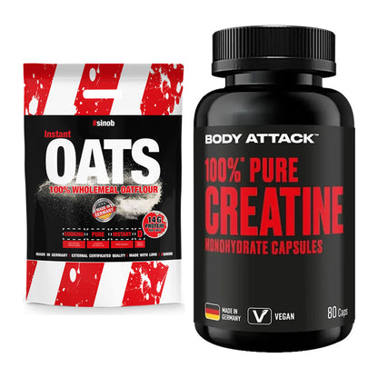 Masseaufbau-Set: Sinob Instant Oats + Body Attack 100% Pure Creatine – alle enthaltenen Artikel
