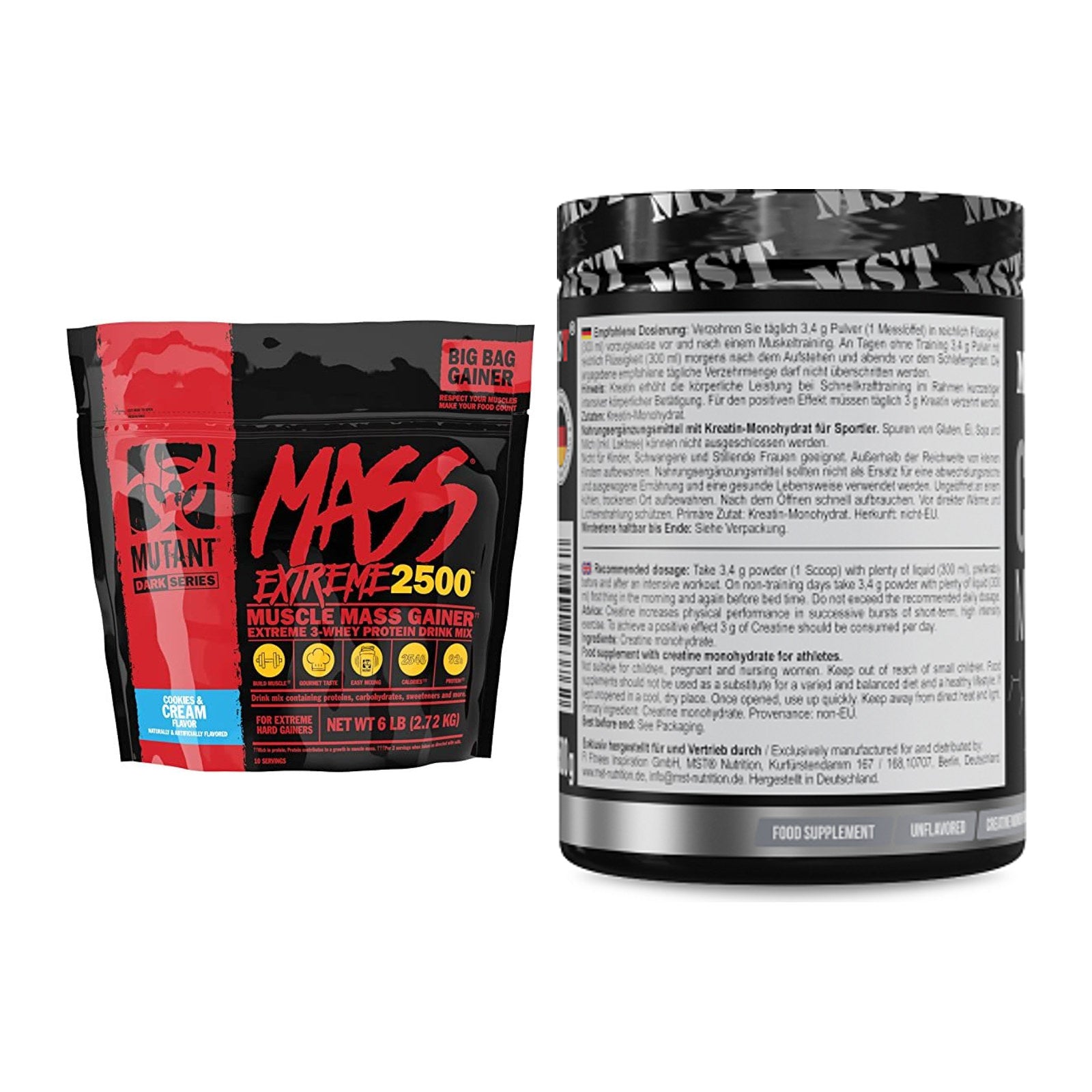 Masseaufbau-Set: Mutant Mass XXXTREME 2500 + MST Creatin Monohydrate – alle enthaltenen Artikel
