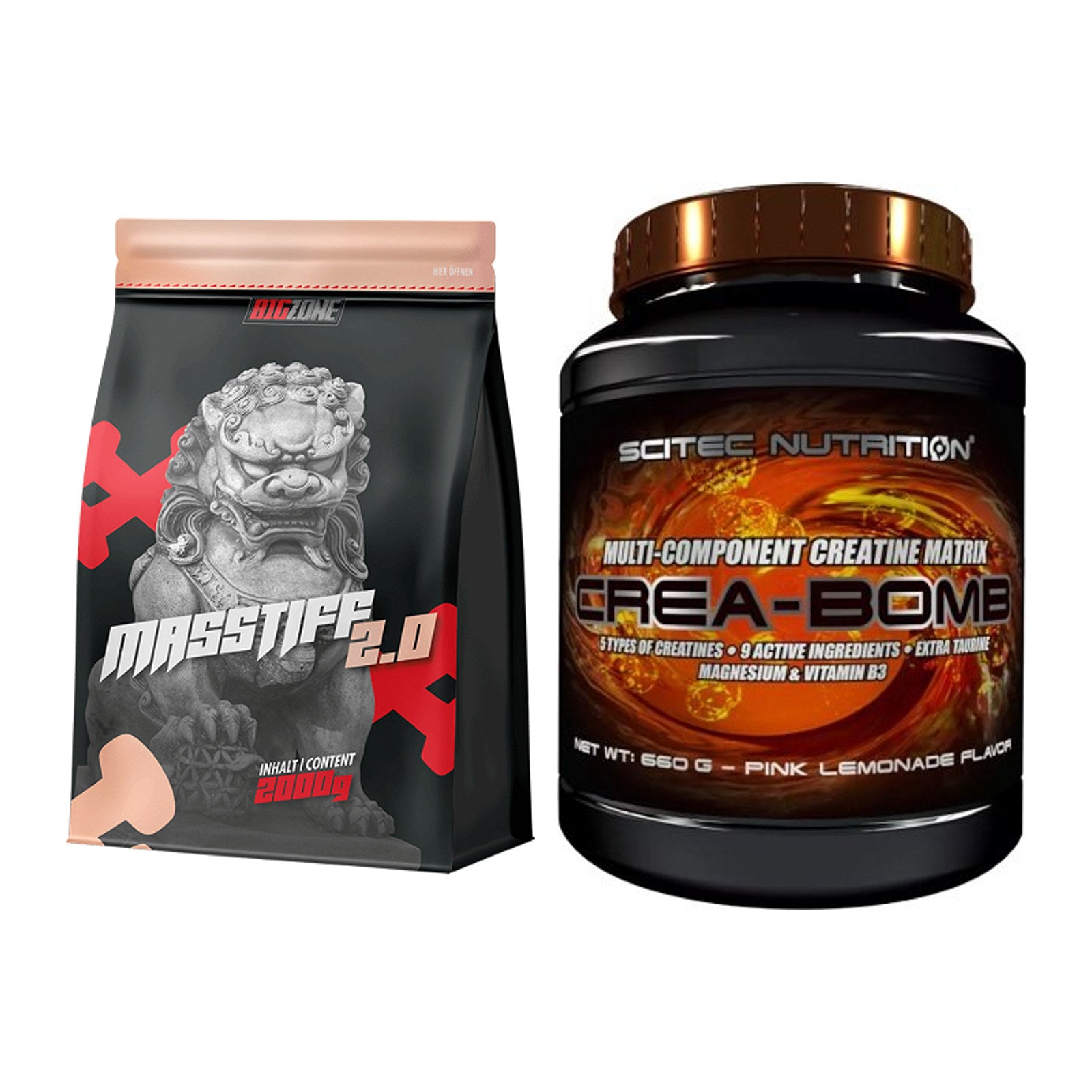 Masseaufbau-Set: Big Zone Masstiff 2.0 + Scitec Crea-Bomb – alle enthaltenen Artikel
