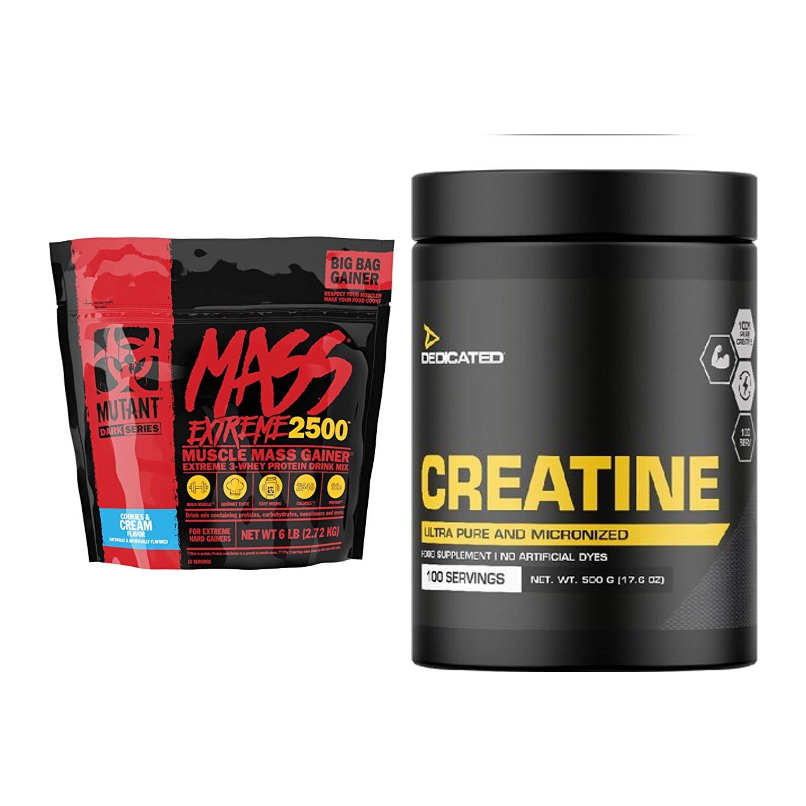 Masseaufbau-Set: Mutant Mass XXXTREME 2500 + Dedicated Creatine – alle enthaltenen Artikel