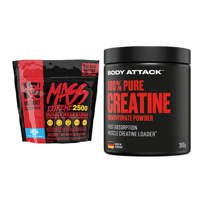 Masseaufbau-Set: Mutant Mass XXXTREME 2500 + Body Attack 100% Pure – alle enthaltenen Artikel