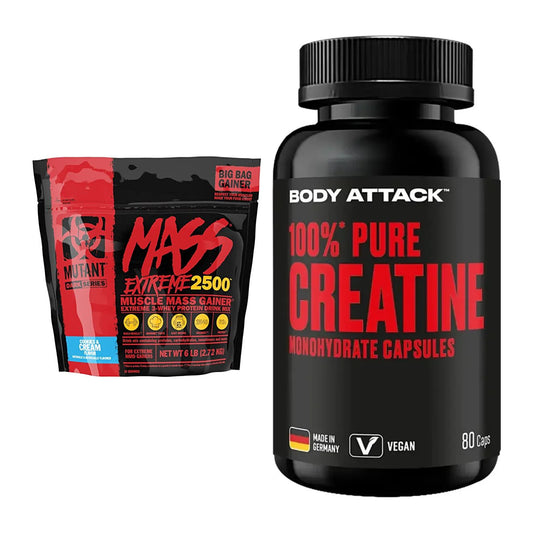 Masseaufbau-Set: Mutant Mass XXXTREME 2500 + Body Attack 100% Pure – alle enthaltenen Artikel