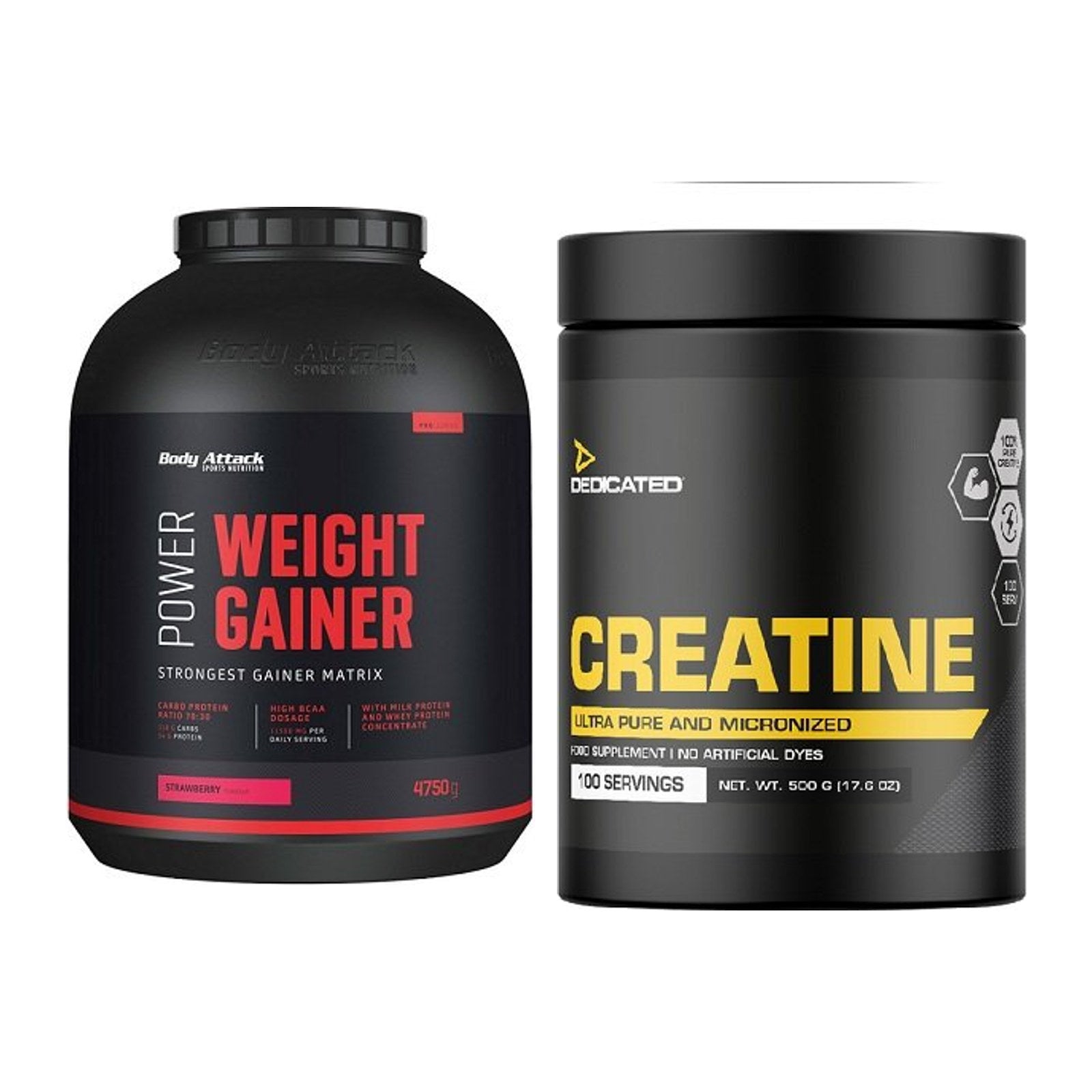 Masseaufbau-Set: Body Attack Power Weight Gainer + Dedicated Creatine – alle enthaltenen Artikel