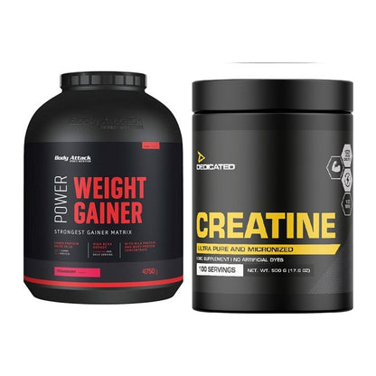 Masseaufbau-Set: Body Attack Power Weight Gainer + Dedicated Creatine – alle enthaltenen Artikel
