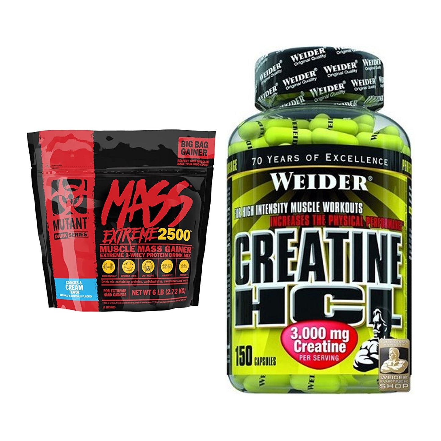 Masseaufbau-Set: Mutant Mass XXXTREME 2500 + Weider Creatin HCL – alle enthaltenen Artikel