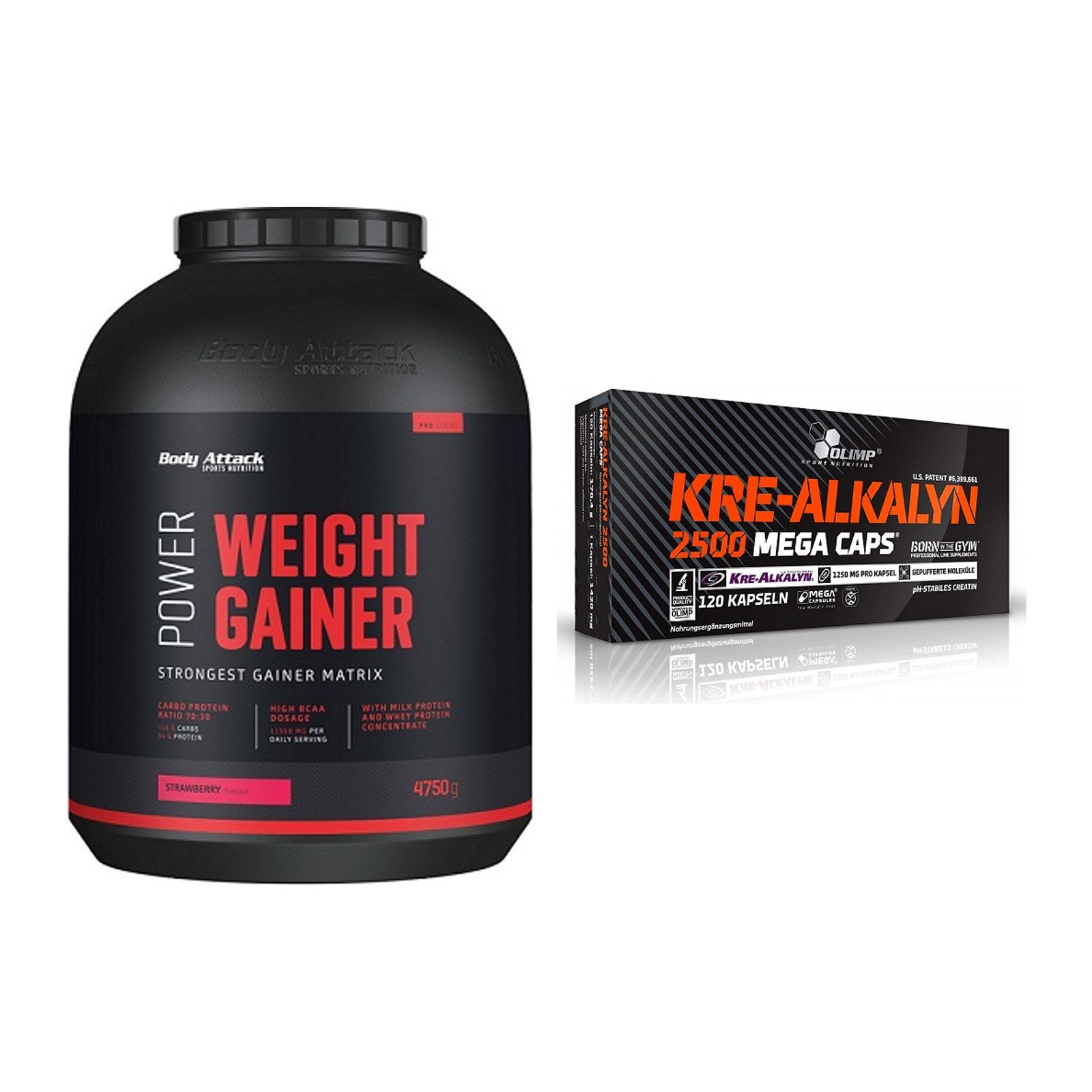 Masseaufbau-Set: Body Attack Power Weight + Olimp Kre Alkalyn 2500 – alle enthaltenen Artikel
