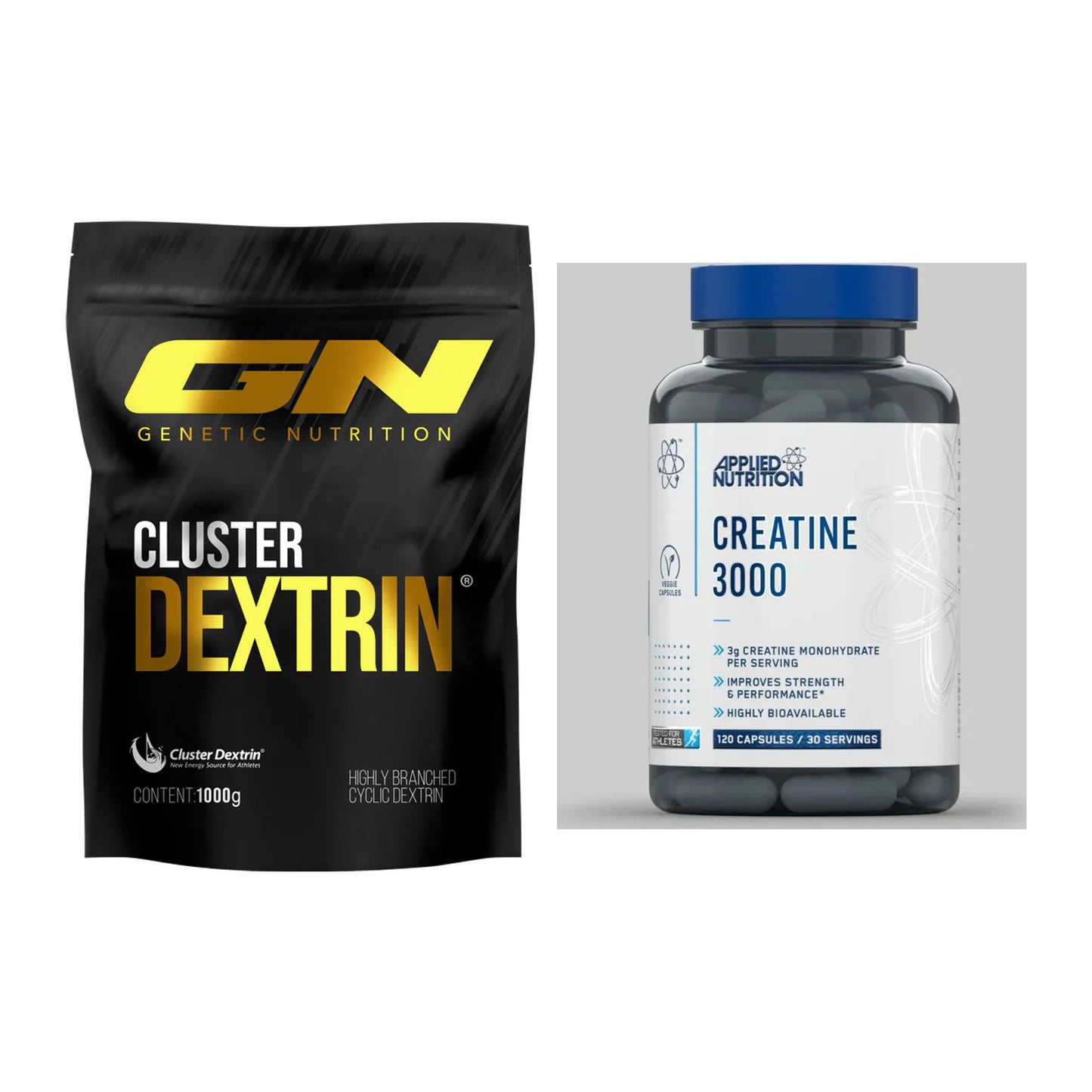 Masseaufbau-Set: GN Cluster Dextrin + Applied Nutrition Creatine 3000 – alle enthaltenen Artikel